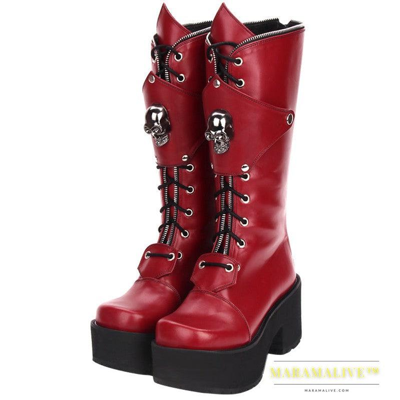 Zipper Studded Skull Punk Thick-soled High Boots