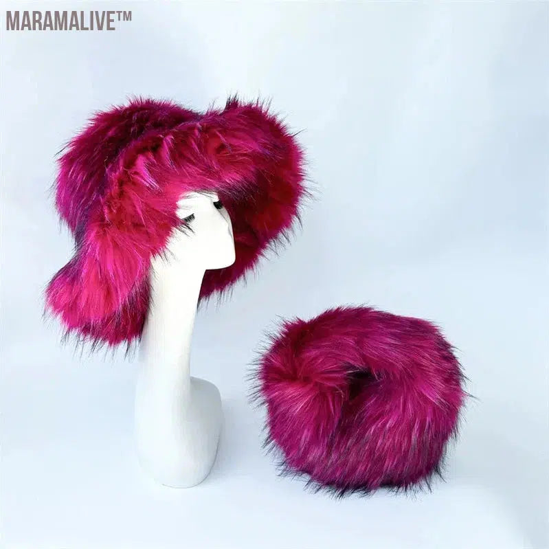 fur hat fluffy bucket hat women's winter warm imitation fur hat