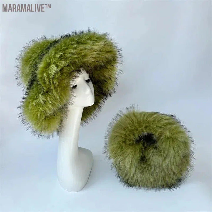 fur hat fluffy bucket hat women's winter warm imitation fur hat