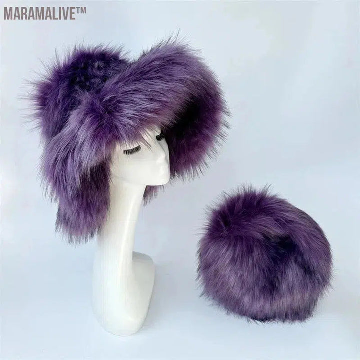 fur hat fluffy bucket hat women's winter warm imitation fur hat