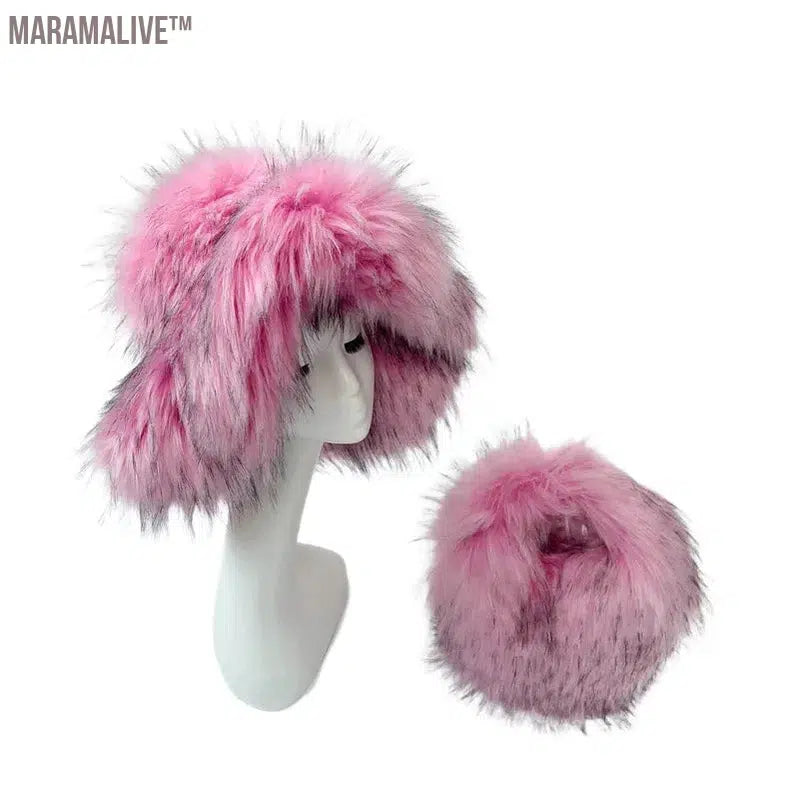 fur hat fluffy bucket hat women's winter warm imitation fur hat