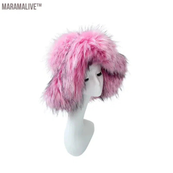 fur hat fluffy bucket hat women's winter warm imitation fur hat