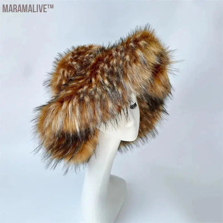 fur hat fluffy bucket hat women's winter warm imitation fur hat