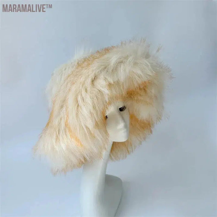 fur hat fluffy bucket hat women's winter warm imitation fur hat