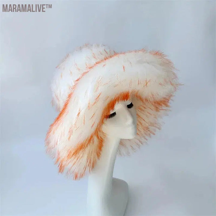 fur hat fluffy bucket hat women's winter warm imitation fur hat