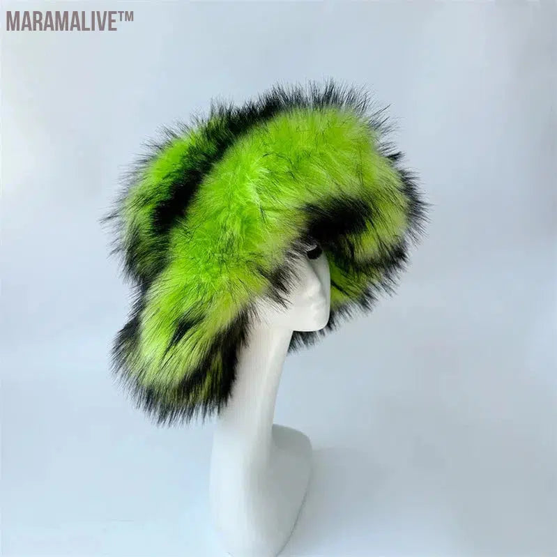 fur hat fluffy bucket hat women's winter warm imitation fur hat