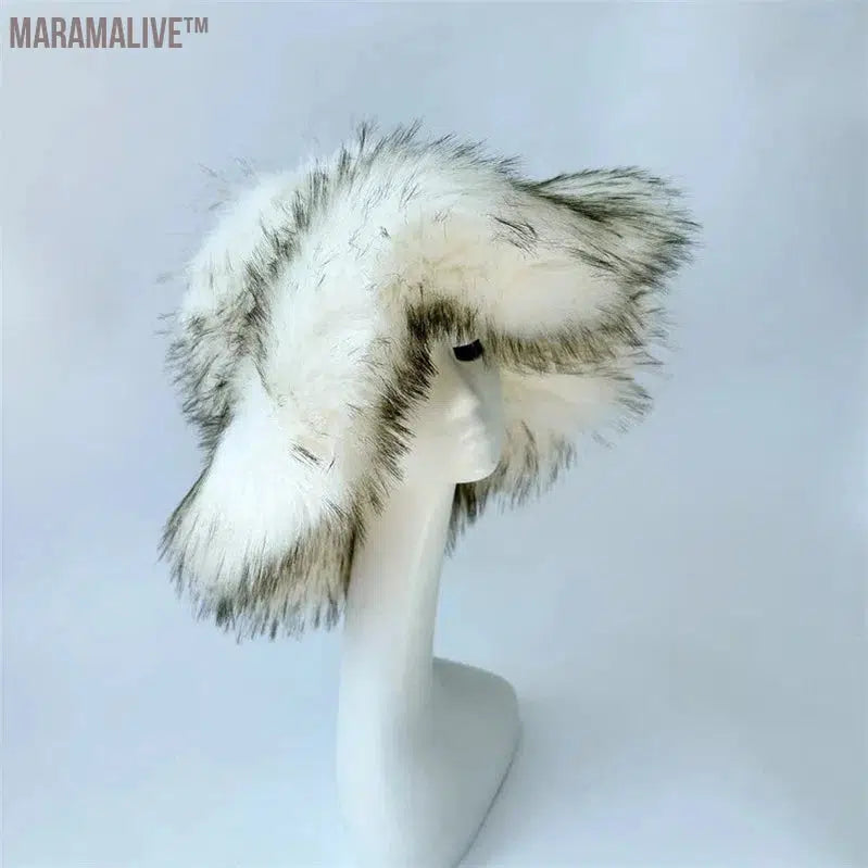 fur hat fluffy bucket hat women's winter warm imitation fur hat