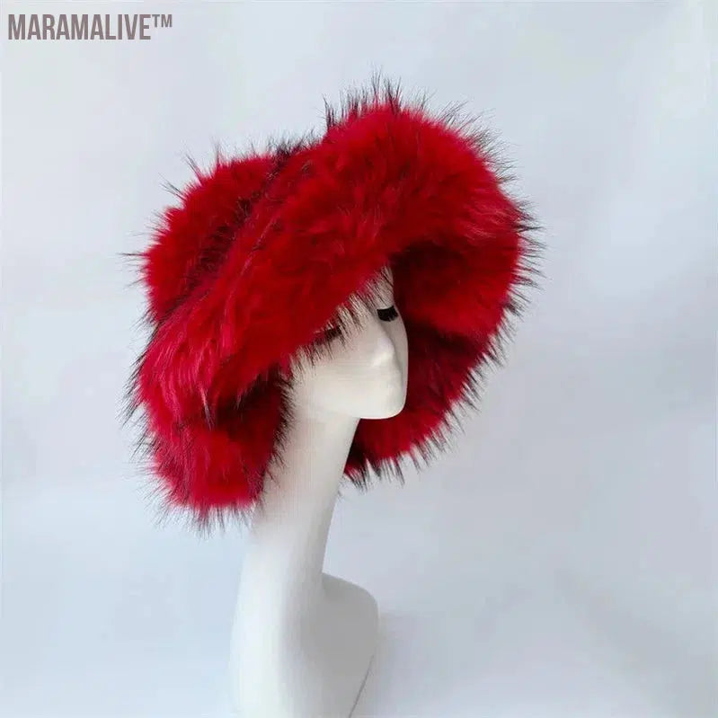 fur hat fluffy bucket hat women's winter warm imitation fur hat