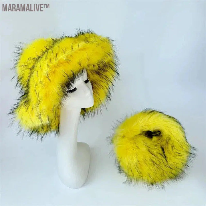 fur hat fluffy bucket hat women's winter warm imitation fur hat