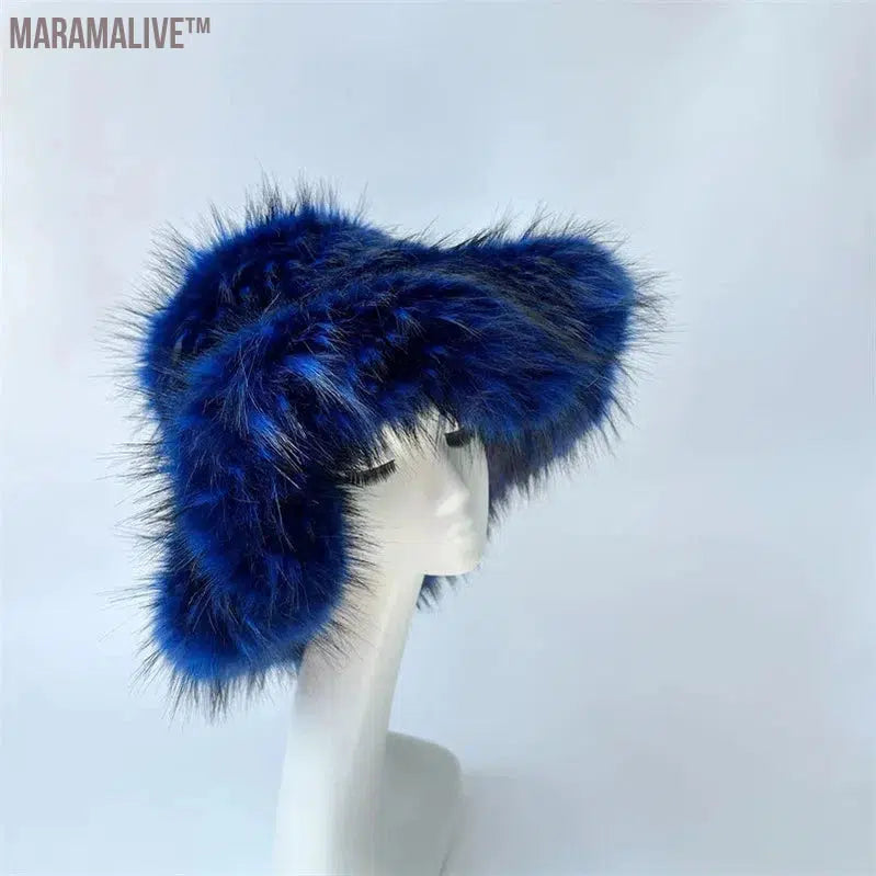 fur hat fluffy bucket hat women's winter warm imitation fur hat