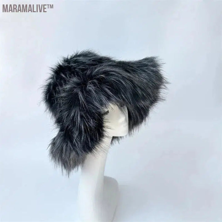 fur hat fluffy bucket hat women's winter warm imitation fur hat