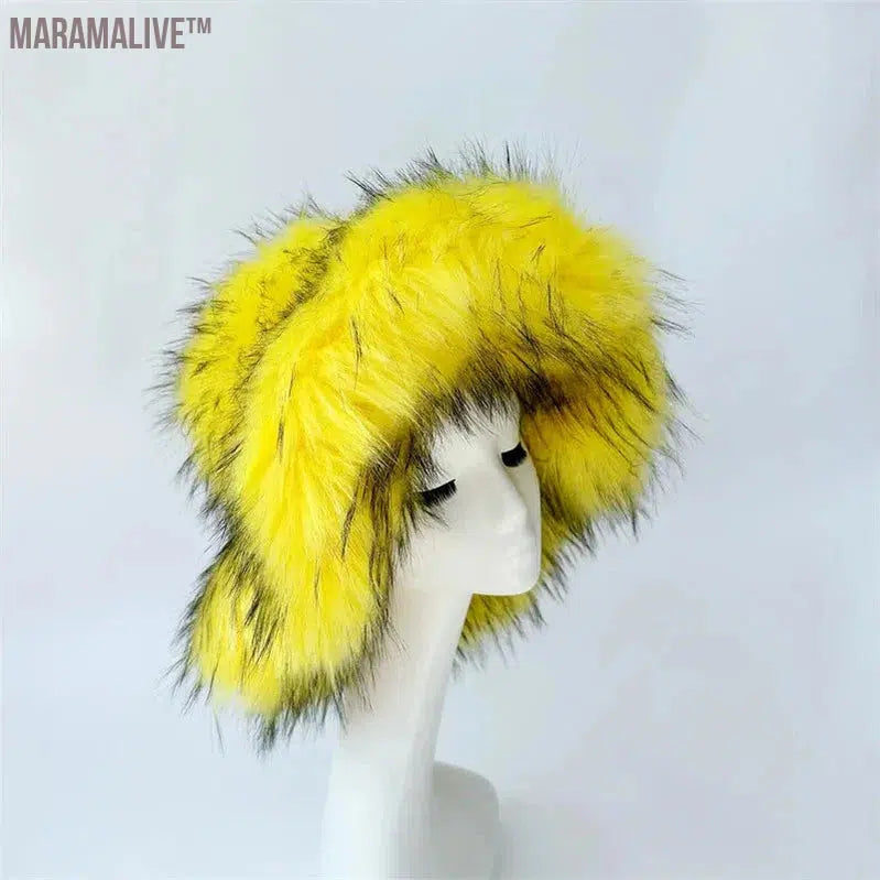 fur hat fluffy bucket hat women's winter warm imitation fur hat