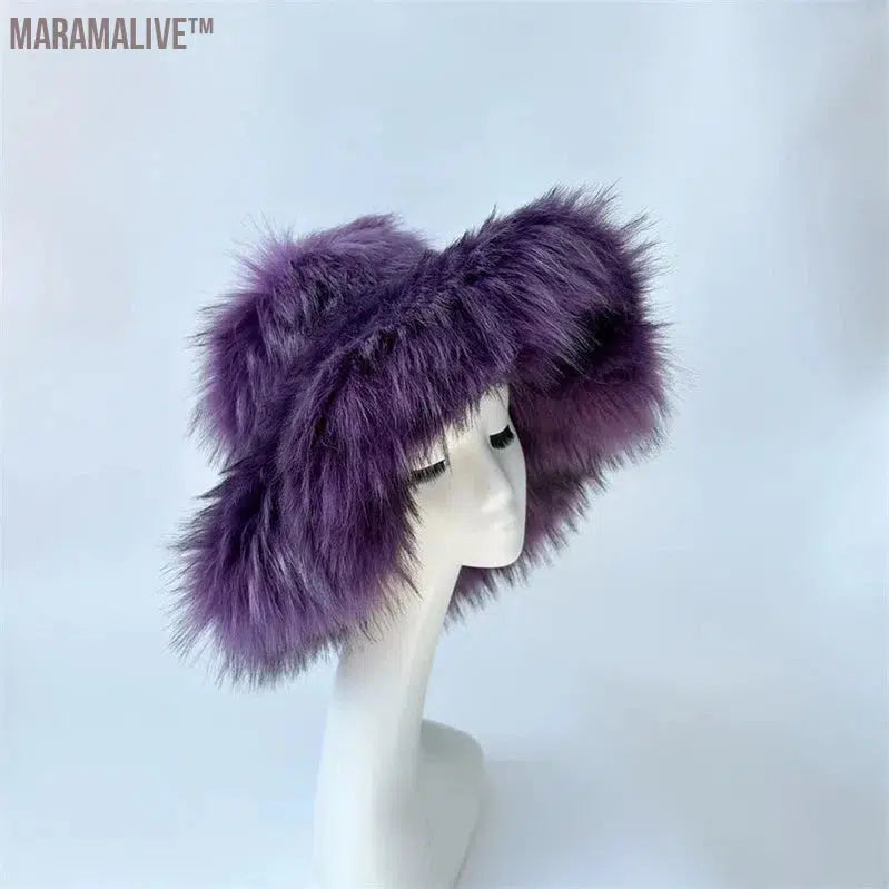 fur hat fluffy bucket hat women's winter warm imitation fur hat