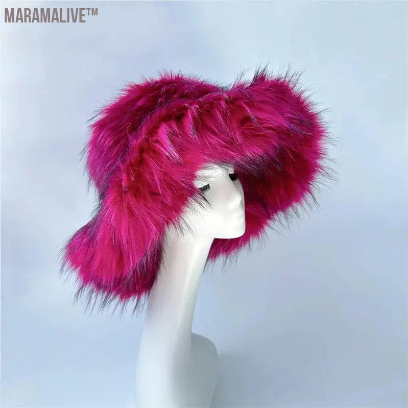 fur hat fluffy bucket hat women's winter warm imitation fur hat