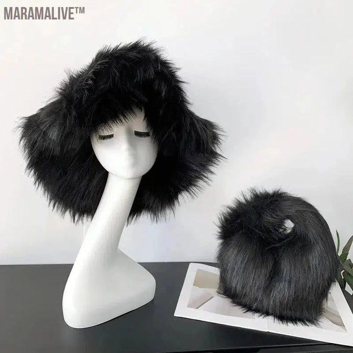 fur hat fluffy bucket hat women's winter warm imitation fur hat