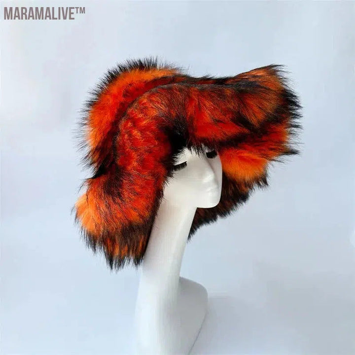 fur hat fluffy bucket hat women's winter warm imitation fur hat