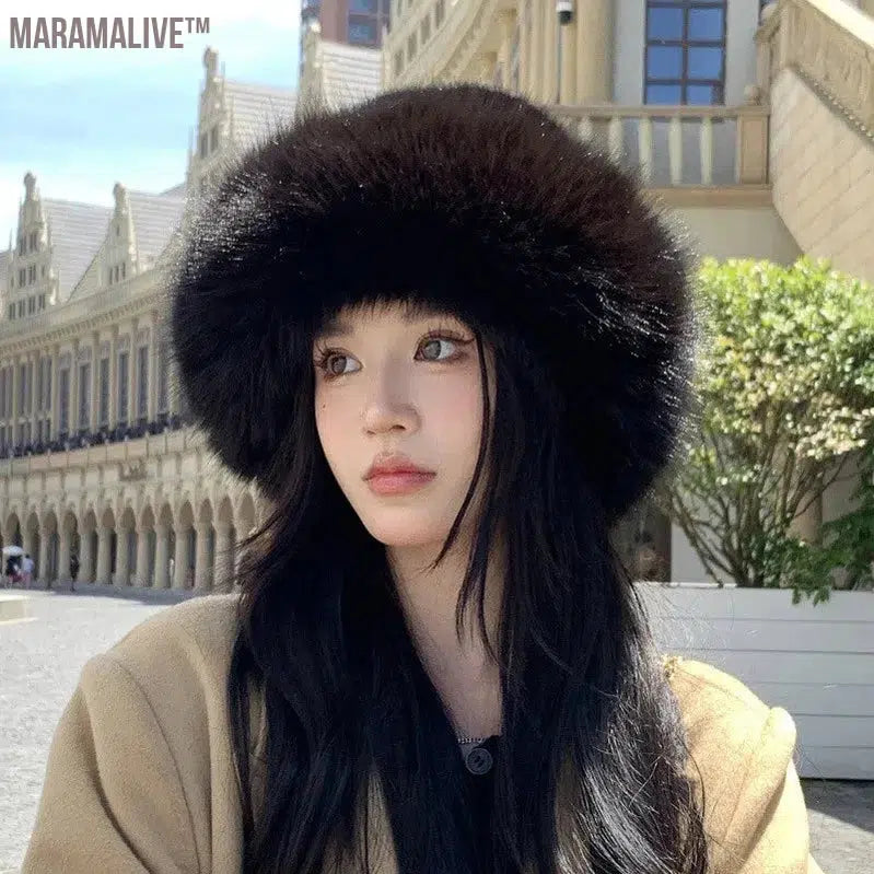 fur hat fluffy bucket hat women's winter warm imitation fur hat