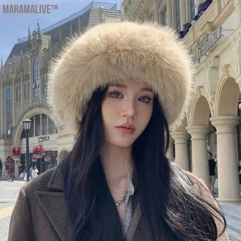 fur hat fluffy bucket hat women's winter warm imitation fur hat