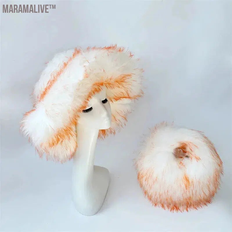 fur hat fluffy bucket hat women's winter warm imitation fur hat