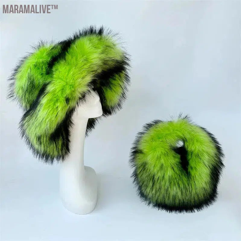 fur hat fluffy bucket hat women's winter warm imitation fur hat