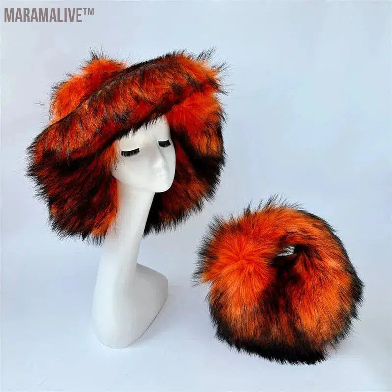 fur hat fluffy bucket hat women's winter warm imitation fur hat