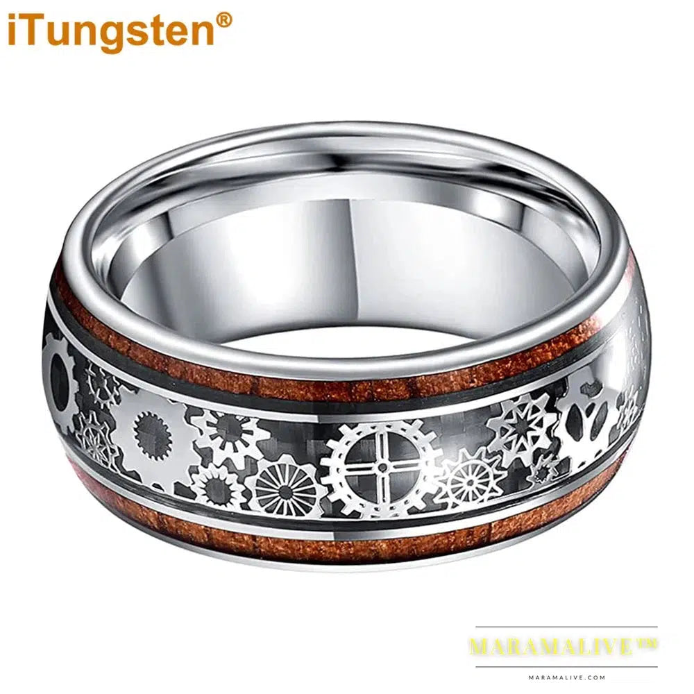 iTungsten 10mm Super Men Ring Tungsten Wedding Band Domed Polished With Wood And Steampunk Inlay