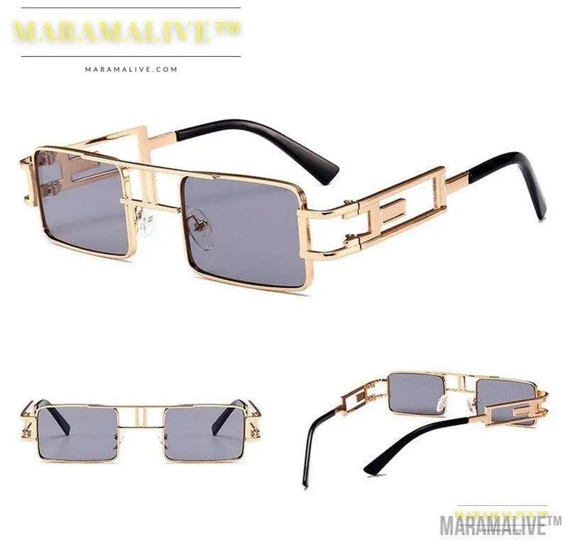 mens rectangular sunglasses steampunk men metal frame gold black red flat top square sun glasses for women 2021