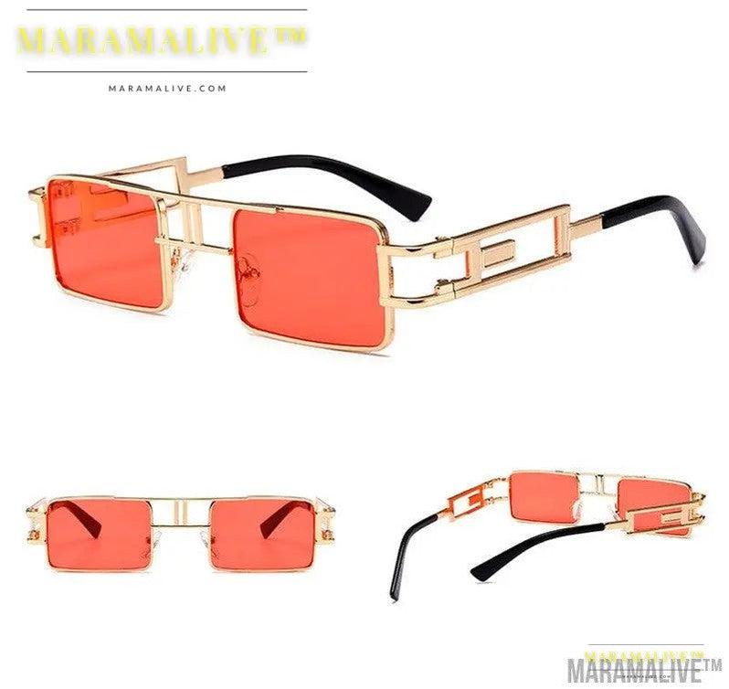 mens rectangular sunglasses steampunk men metal frame gold black red flat top square sun glasses for women 2021