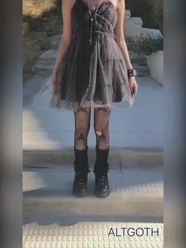 Model wearing an Elegant gothic black mesh lace gown