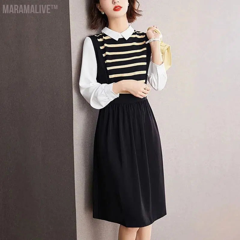 spring autumn new Contrast color Fake two pieces Midi dress women High street Casual dresses elegant Striped All-match Vestidos