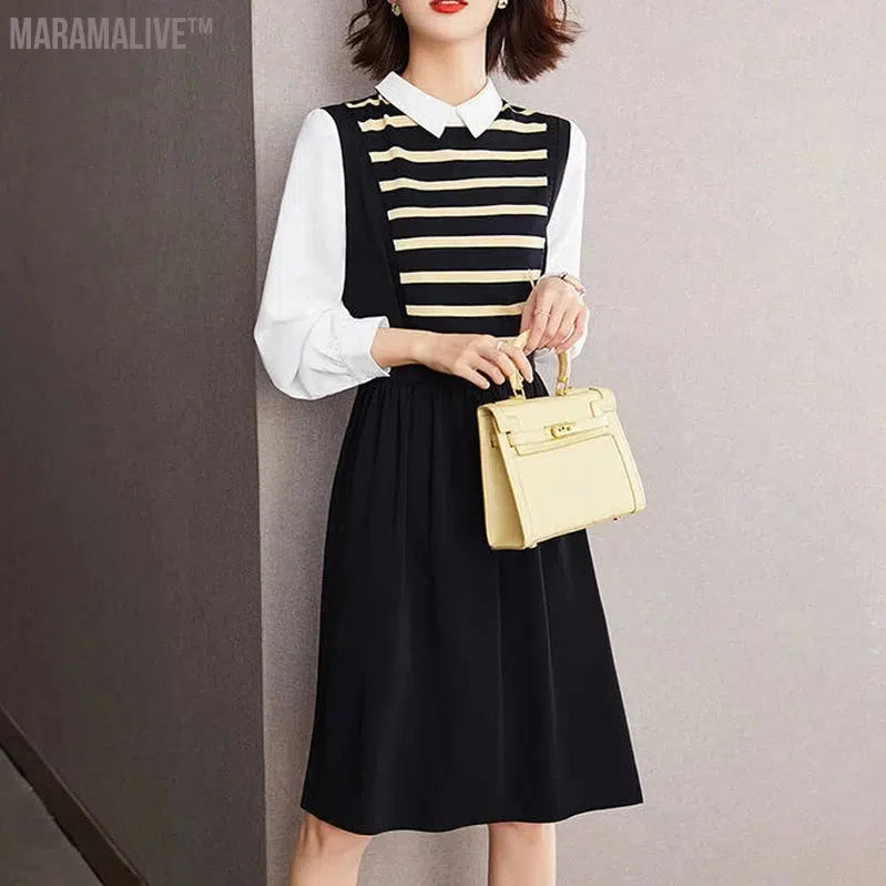 spring autumn new Contrast color Fake two pieces Midi dress women High street Casual dresses elegant Striped All-match Vestidos