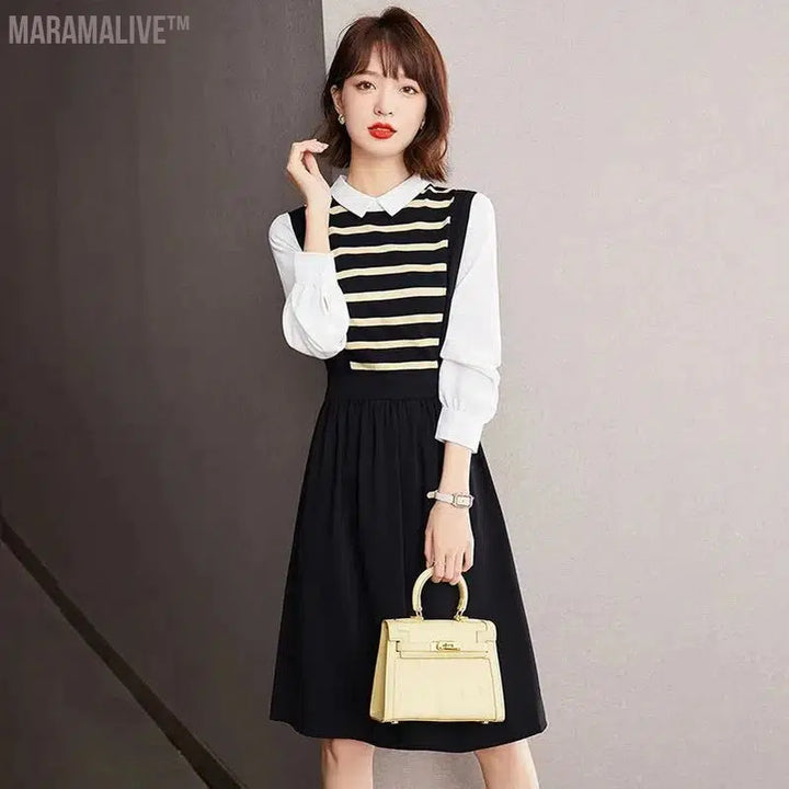 spring autumn new Contrast color Fake two pieces Midi dress women High street Casual dresses elegant Striped All-match Vestidos