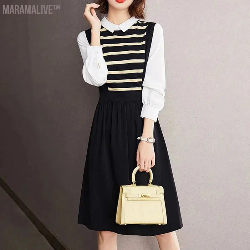 spring autumn new Contrast color Fake two pieces Midi dress women High street Casual dresses elegant Striped All-match Vestidos