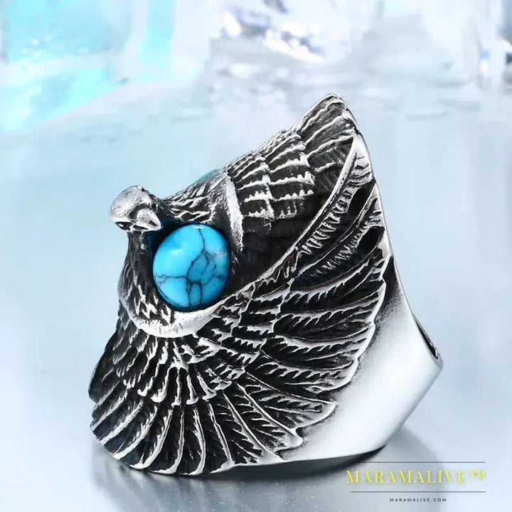 stainless steel Classic Eagle Green Stone Men's Ring Punk Animal High Quality Jewelry