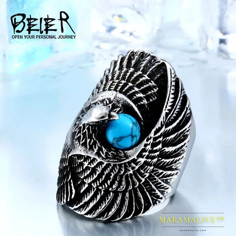 stainless steel Classic Eagle Green Stone Men's Ring Punk Animal High Quality Jewelry