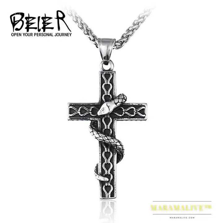 stainless steel Fashion Cross Pendant Necklace Punk Animal Snake High Quality Jewelry