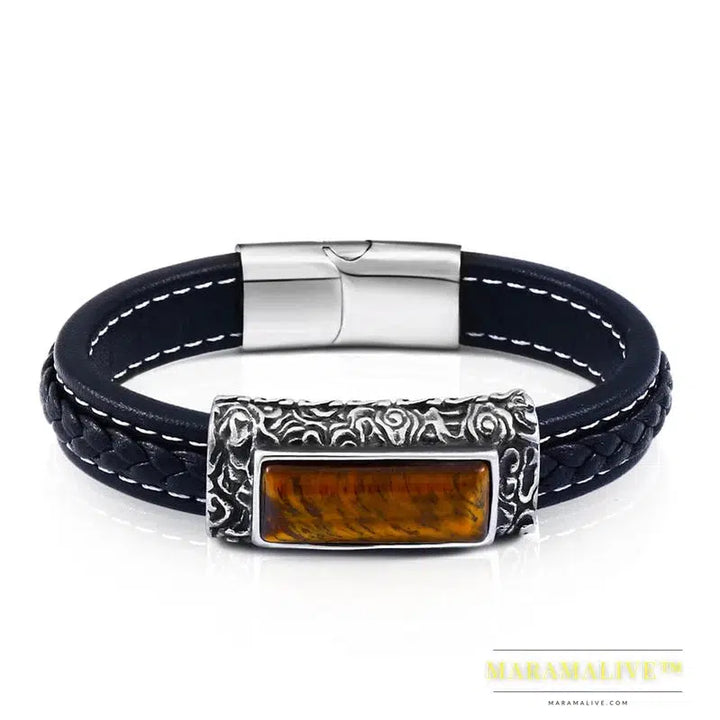 stainless steel Leather Bracelet Bangle For Man Punk Hip-pop Jewelry High Quality boy`s Gift