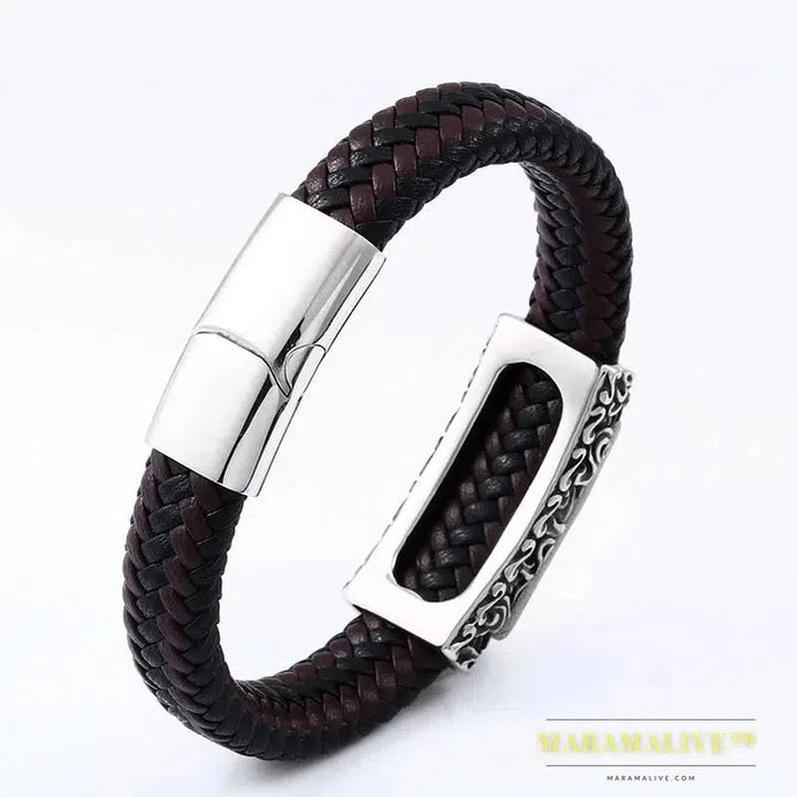 stainless steel Leather Bracelet Bangle For Man Punk Hip-pop Jewelry High Quality boy`s Gift