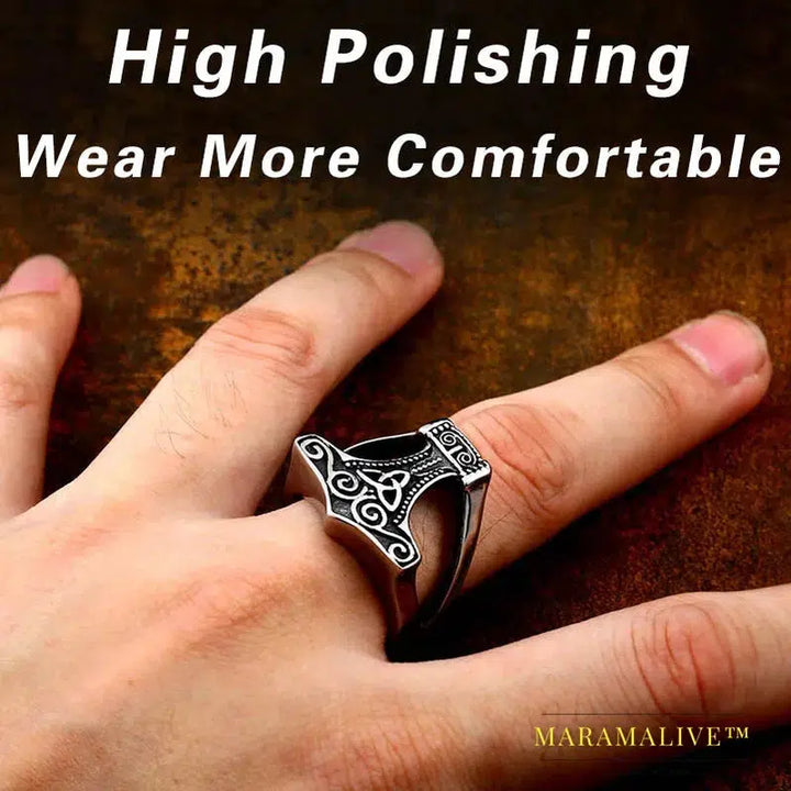 stainless steel character geometry Thor's hammer Mjolnir Viking ring for man`s gift Punk rock Jewelry