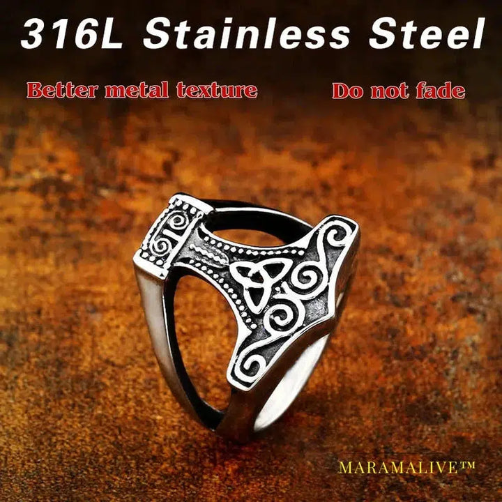 stainless steel character geometry Thor's hammer Mjolnir Viking ring for man`s gift Punk rock Jewelry